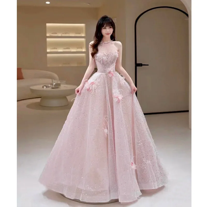 

Pink Hanging Neck Appliques Evening Dress 2024 Summer New Princess Fairy Style Fashion Beading Decor Birthday Prom Evening Dress