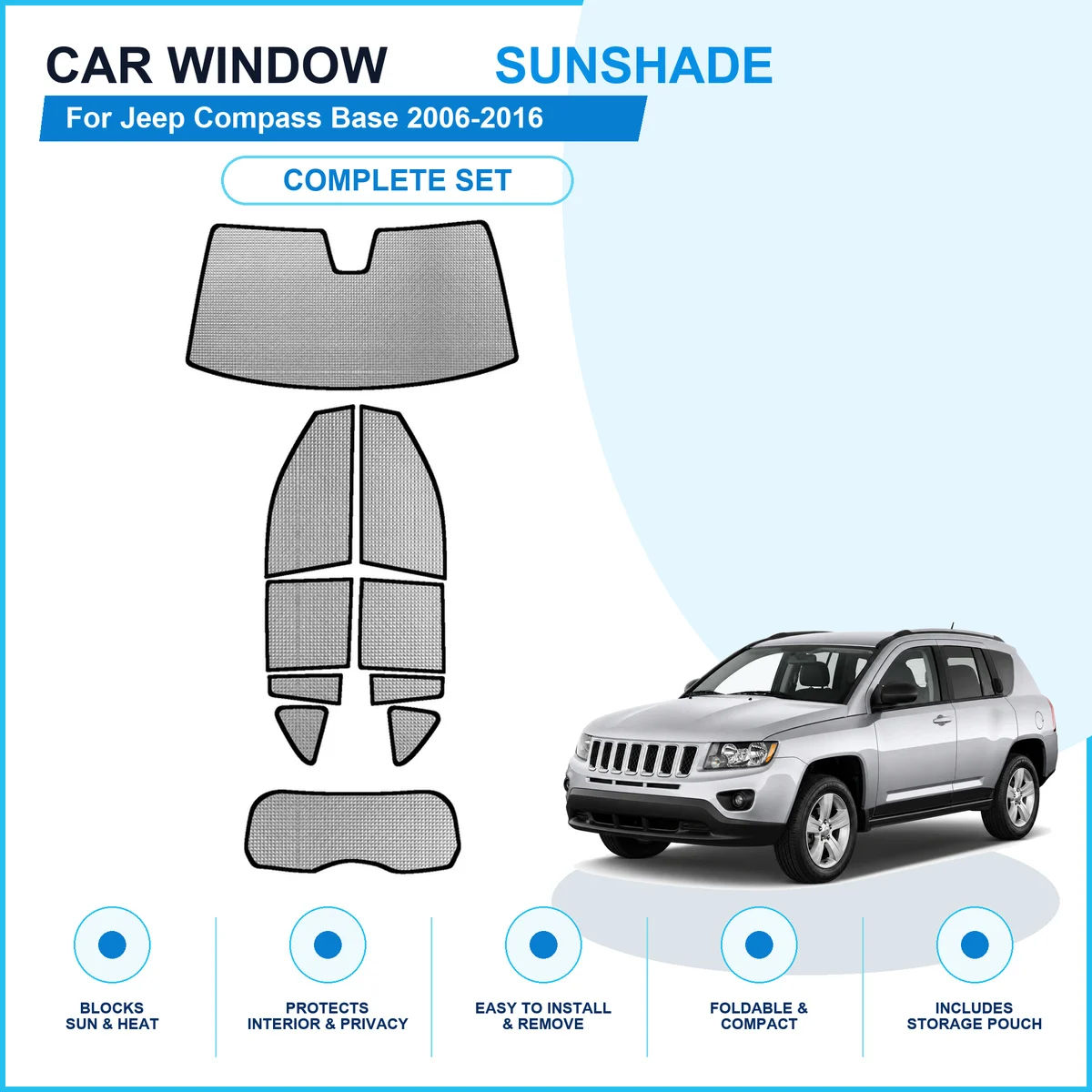 For Jeep Compass Base 2006-2016 Custom Full Set Window Sunshades Aluminum Foil Suction Cup Anti UV Privacy