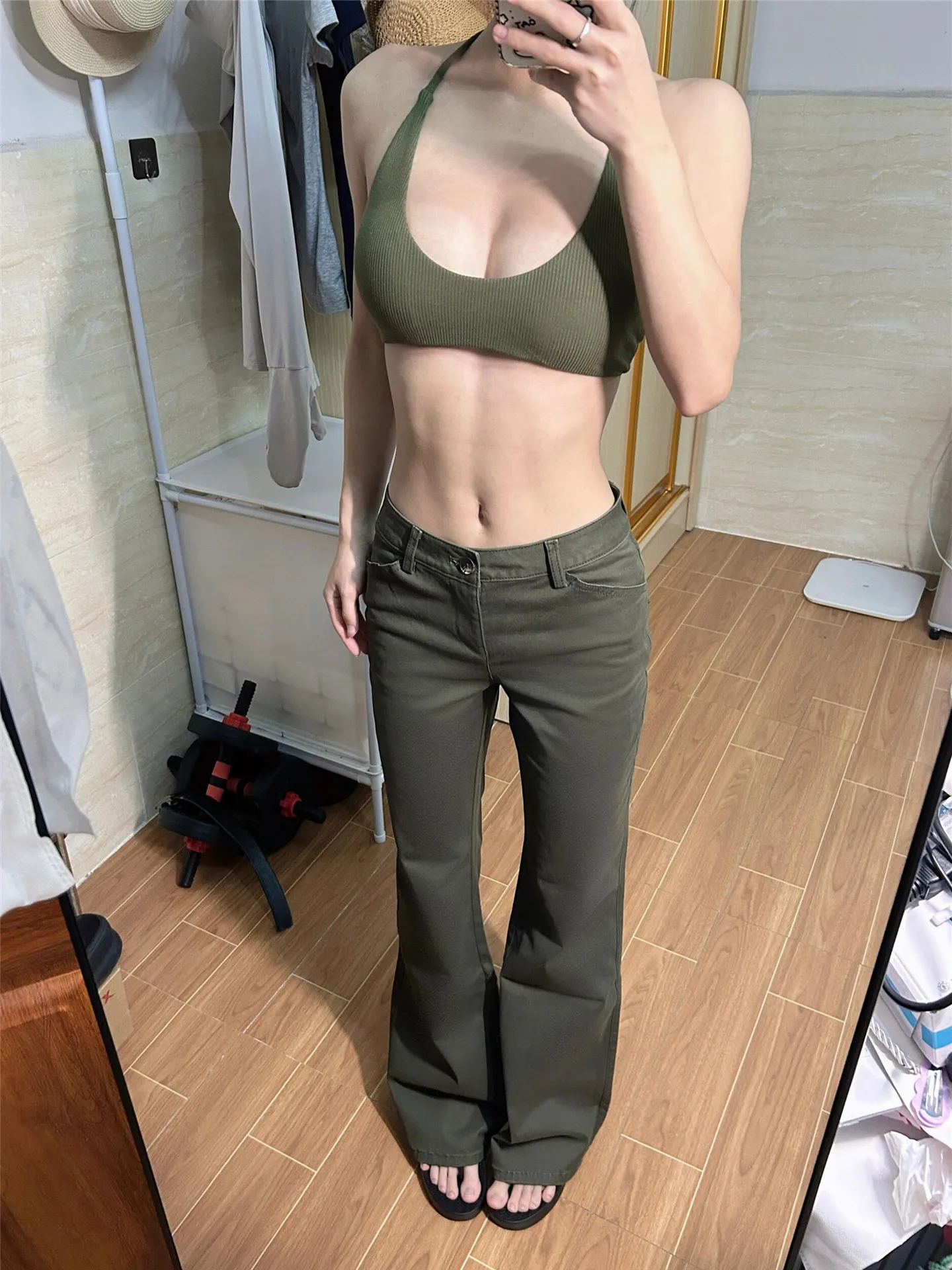 

American Style Vintage Military Green Low Waist Bell Bottom Jeans Women's Elastic Extended Workwear Pants Casual Cotton Denim
