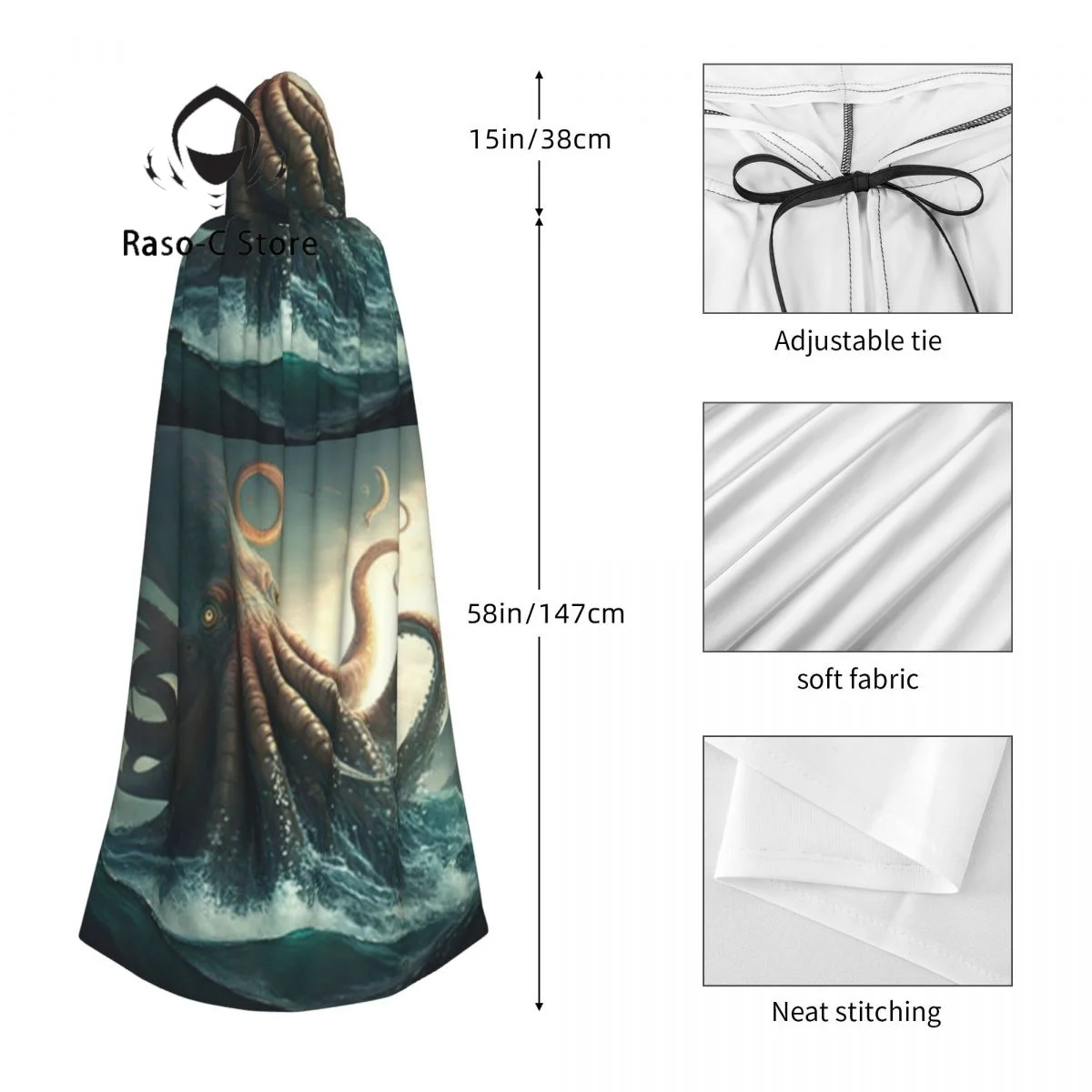 Unisex Hexen party reversible Kapuze erwachsene Vampire Kap Umhang Tintenfisch mit Tentakeln Curling bedrohlich im Vordergrund