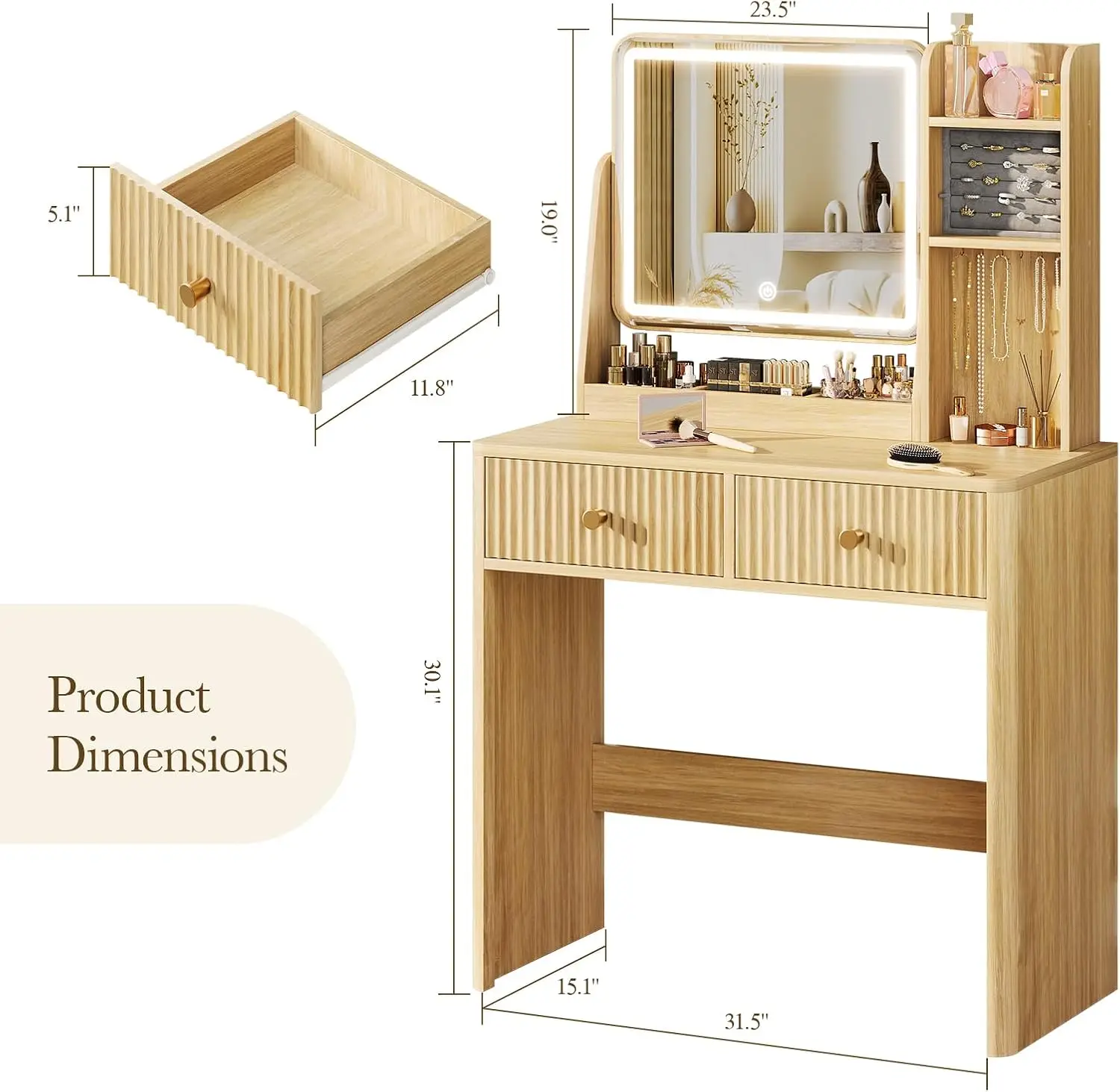Fluted Vanity Desk with Mirror and Lights, Small Makeup Vanity with 2 Drawers and Jewelry Storage Cabinet,  Customized