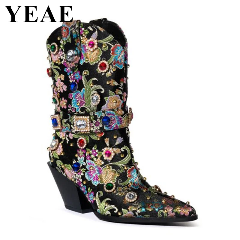 Luxury Designer Rhinestone Crystal Ankle Boots Women Western Embroider Pointed Toe Cowboy Boots Chunky Party Banquet Shoes Woman