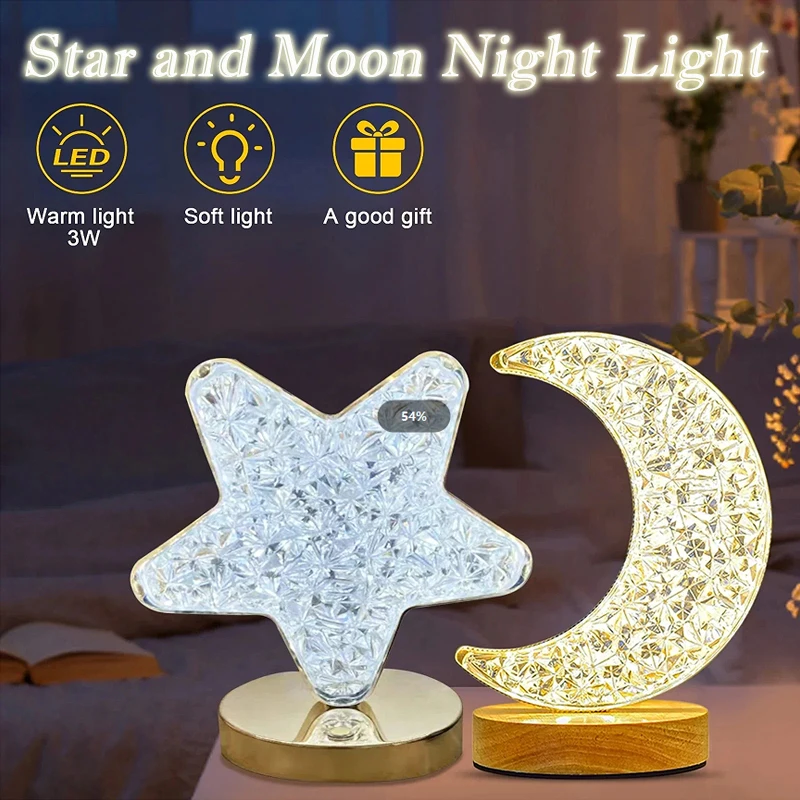 LED Crystal Lamp Star Moon Small Night Light 3 Colors Table Touch Stepless Dimming USB Rechargeable Bedroom Decor Lantern