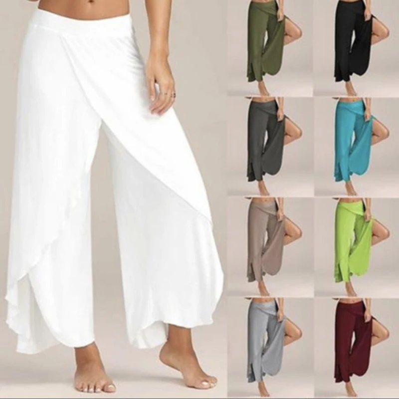 Split Wide Leg Ankle-Length Pant Solid Loose Elastic Waist Open Straight Trouser Holiday Casual Women Clothing Summer Yoga Sport