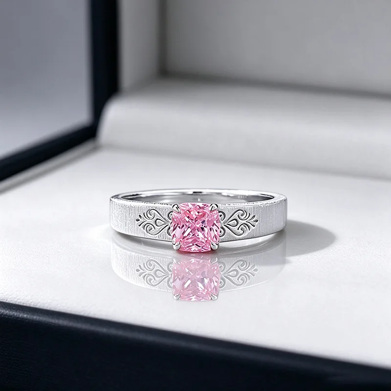 S925 Sterling Silver Ring 5*5mm Square Pink Zircon Vintage Engraved Pattern Band Ring Brushed Texture Fine Jewelry for Women