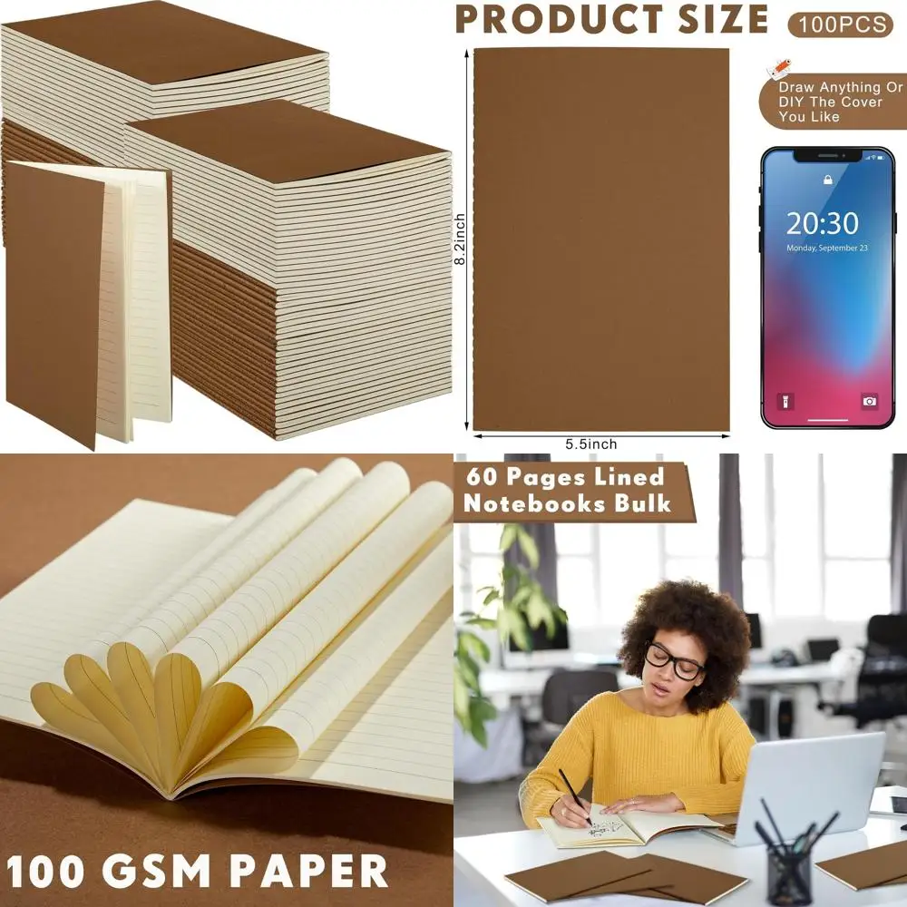 

Bulk A5 Kraft Notebooks, 60 Pages, Lined, 5.5x8.3 Inches, Dark Brown, for Writing & Sketching