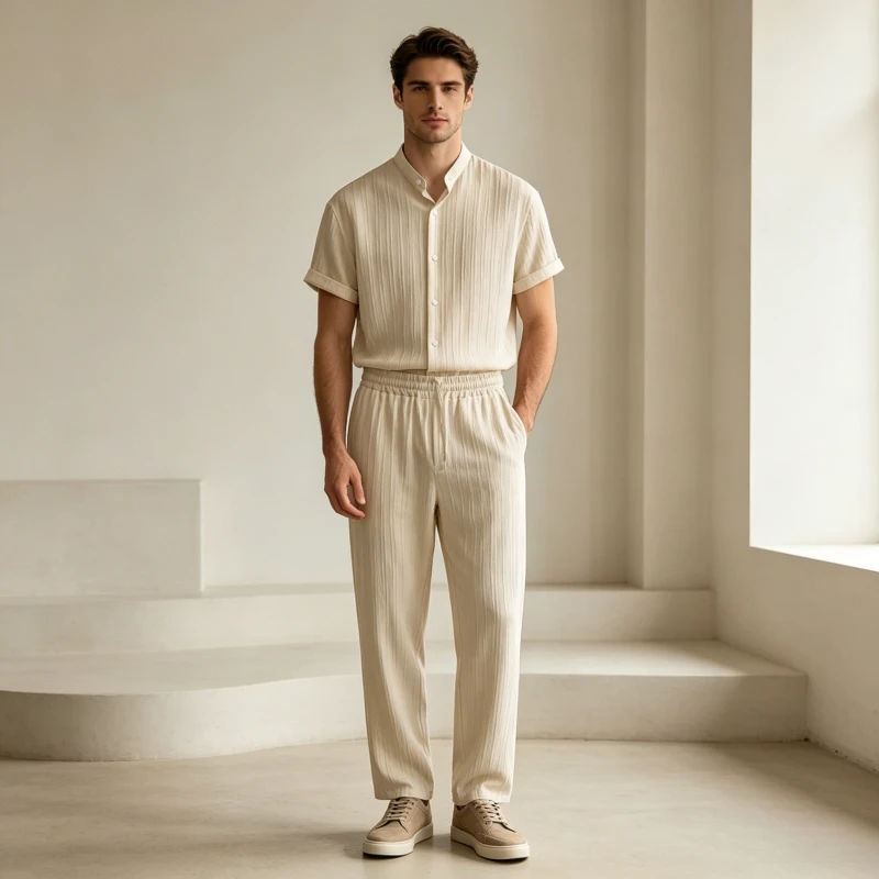 

Two Piece Sets Pant Set Men Short Sleeve Single Breasted Shirt Ankle Length Pants Casual Beach Elastic Waist Y2k Streetwear 2026