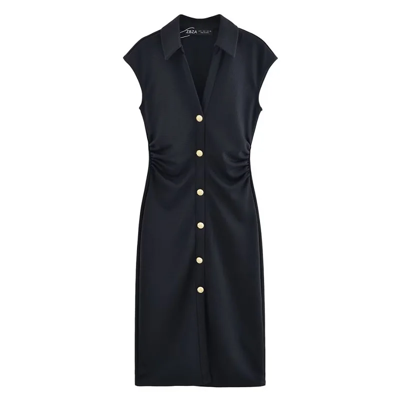 MUJER 2025 فساتين متوسطة الطول مطوي للنساء قميص بدون أكمام فستان امرأة أبيض أسود المرأة فستان صيفي ثنيات فستان الحفلات النساء