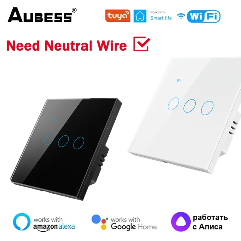 Aubess WiFi Smart Switch 1/2/3/4 Gang EU Light Switch Need Neutral Wire Tuya Smart Life APP Control works with Alexa Google Home