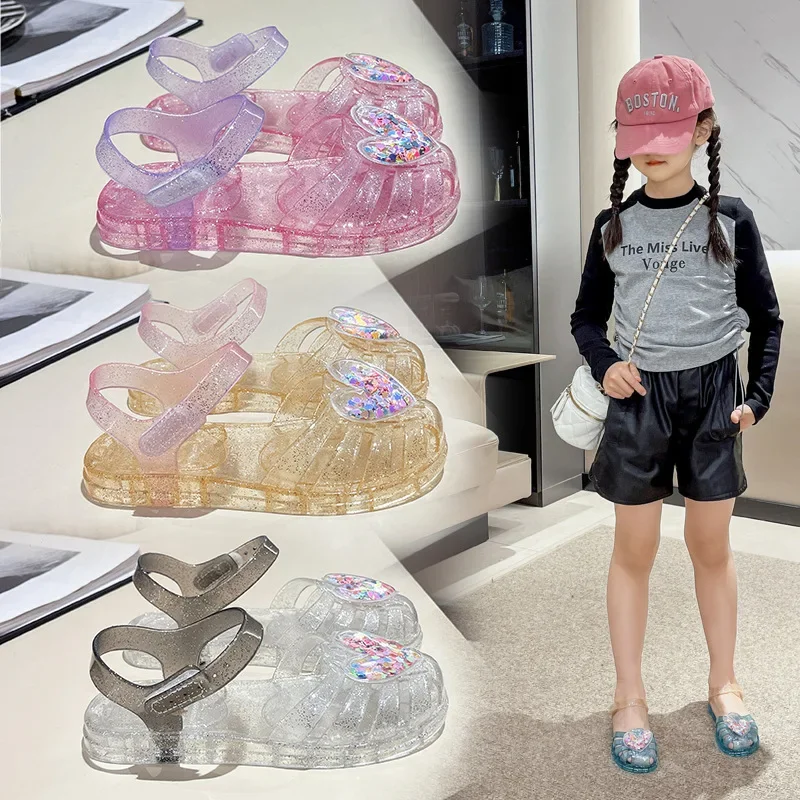 Girls Sandals Summer Child Princess Jelly Sandals Velcro Beach Shoe Love Baby Soft Bottom Kids Crystal Shoes Toddler Roman Shoes