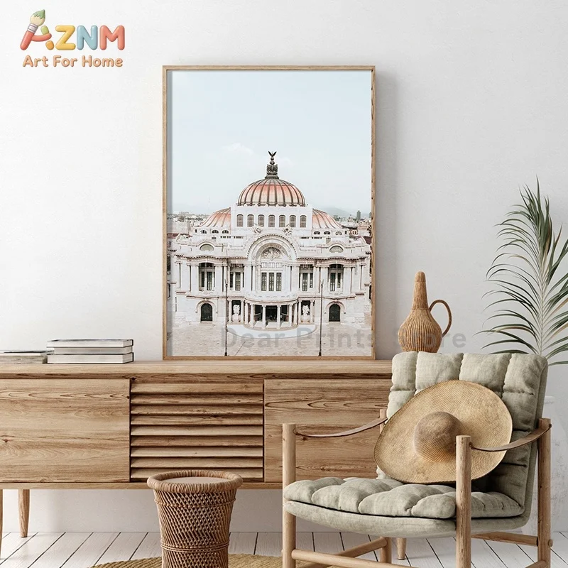 AZNM Boho Mexican City Landscape Canvas Wall Art Neutral Cactus Colonial Architecture Hot Air Balloon Travel Scenery Unframed Ca view 3