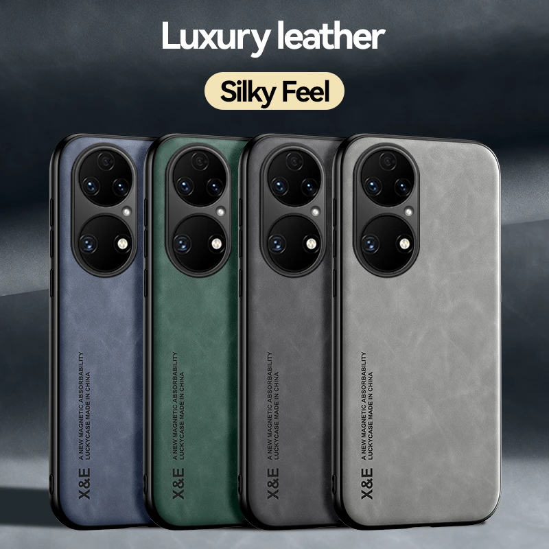 For Huawei P50 Pro Case Luxury Leather TPU Soft Frame Phone Case For Huawei P 50 P50Pro Car Magnetic Holder Protect Back Cover