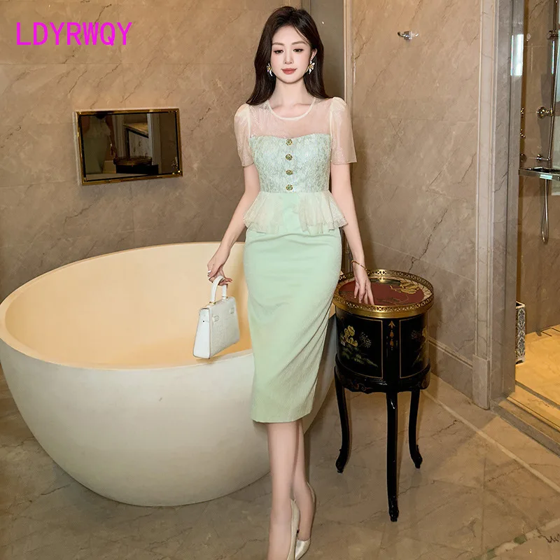 2024 summer new style temperament design feeling ruffled edge waist bag buttocks fake two-piece dress