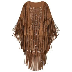 2025 Camel Suede Floral Hollow Out Fringe Tassel Shawl Women Vintage Capes Ponchos Autumn Bohemian cardigan Cloak Boho Capes