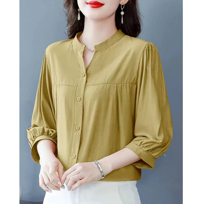 Simple Casual Loose Solid Three Quarter Sleeve Button Up Shirt 2023 Spring Summer Elegant Fashion V Neck Top Blouse Women Blusas