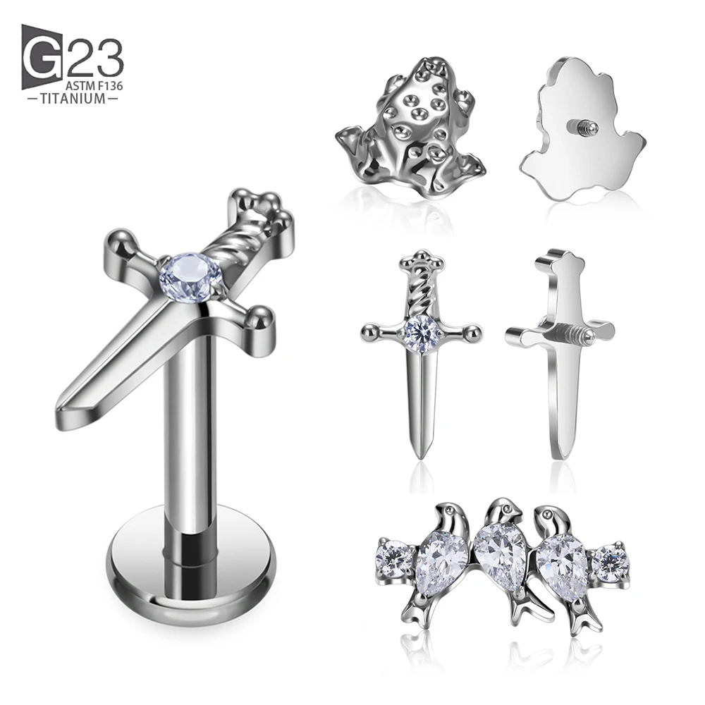 ASTM F136 titane grenouille oiseaux épée boucles d'oreilles PIERC Double rond CZ pavé haut Labret Tragus lèvres boucles d'oreilles goujon Piercing bijoux