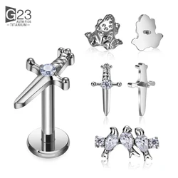 ASTM F136 Titanium frog Birds sword EAR Studs PIERC Double Round CZ Paved Top Labret Tragus Lip Earrings Stud Piercing Jewelry