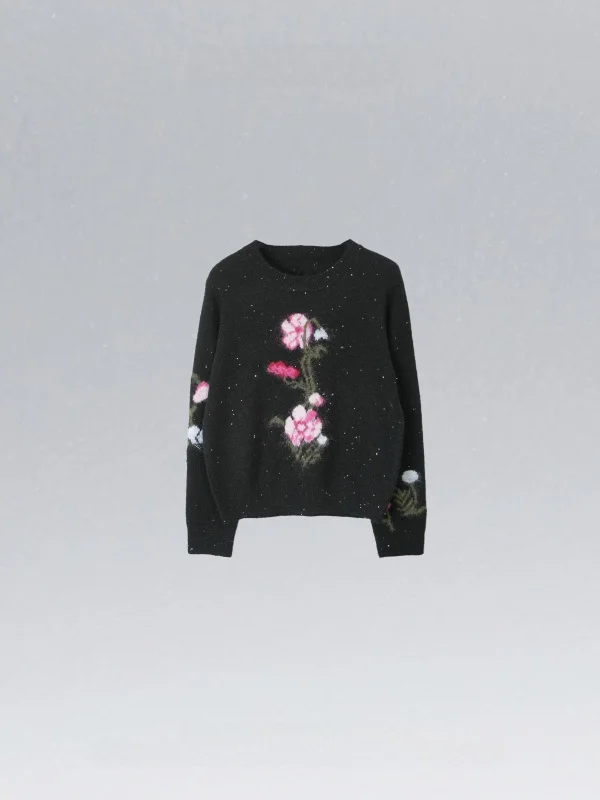 

Lazy Anti-Aging iny Flower round Ne Knitted Sweater Long Sve Polyester Fiber Women's Plant Floral Patterned Over...