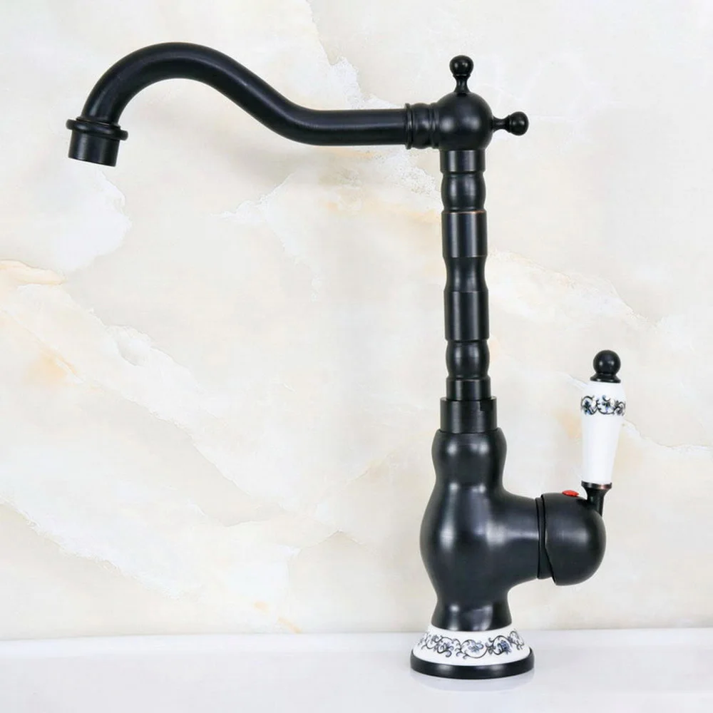 

Black Brass Kitchen Sink Faucet Washbasin Faucets Ceramic Lever Cold & Hot Water Mixer Bathroom Taps Deck MountedLnf657