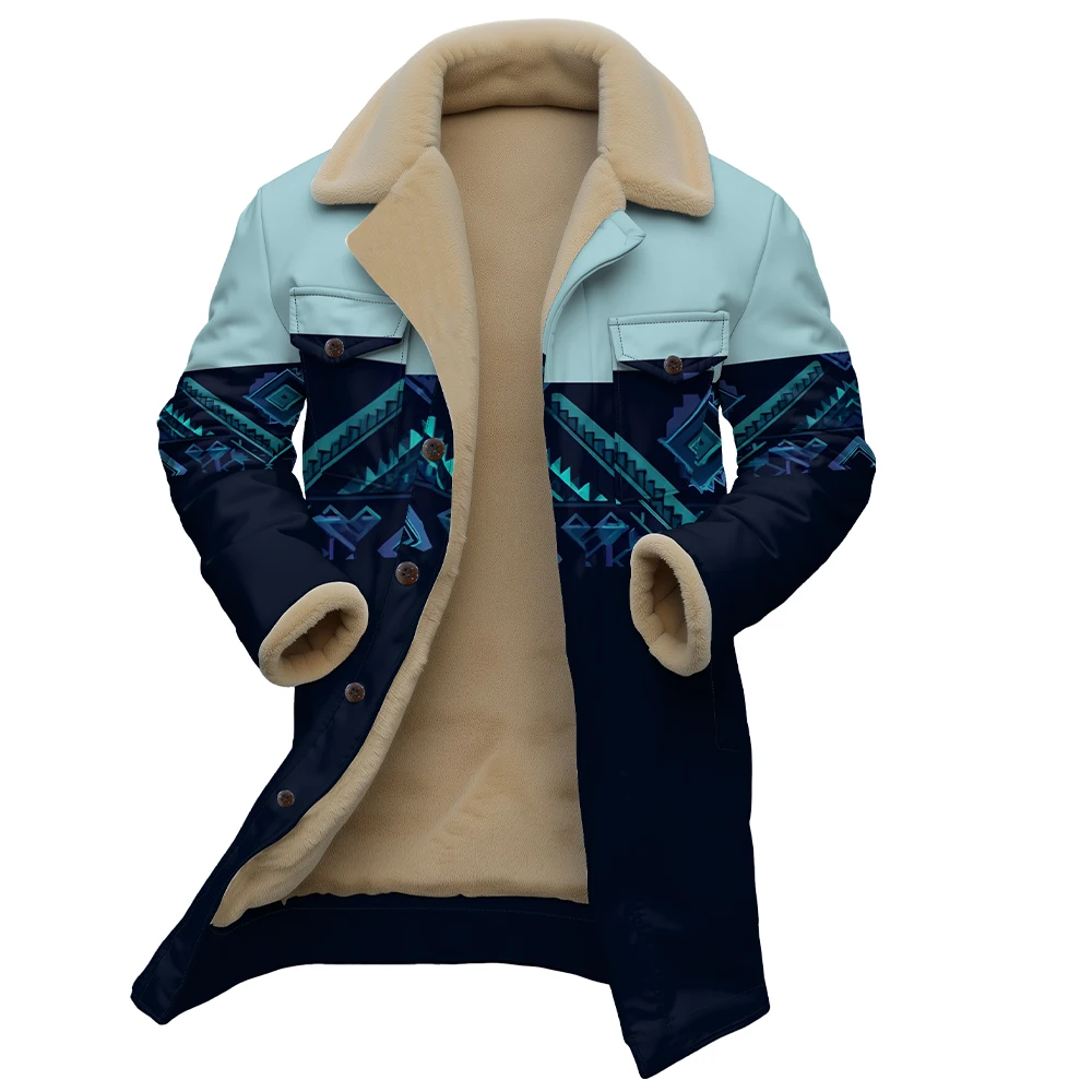 

Men Bohemian Print Jacket with Faux Fur Collar Ethnic Geometric Pattern Coat Vintage Style Button Up Warm Fall Winter Outerwear