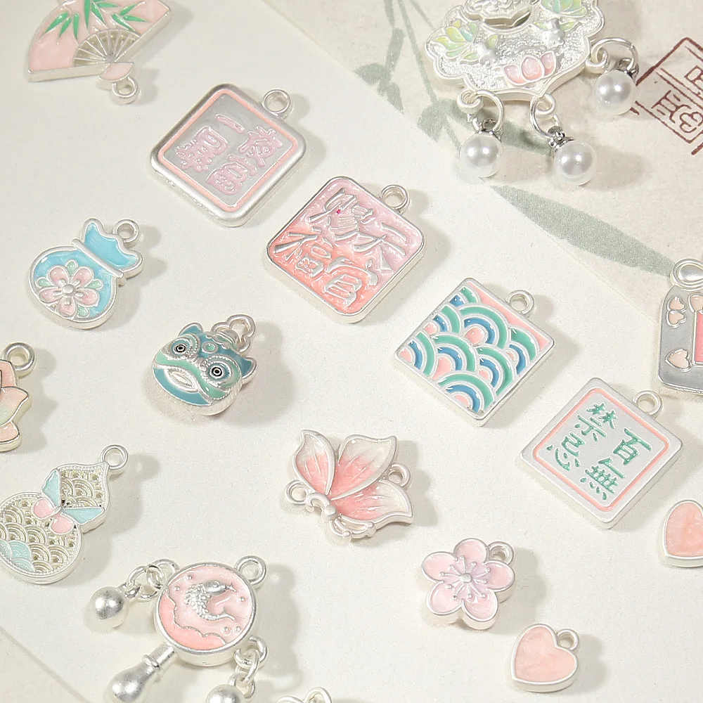 20pcs good luck Blessing bag pendant enamel fan Charm Lotus flower tag DIY accessories of  bracelet headdress earring handmade