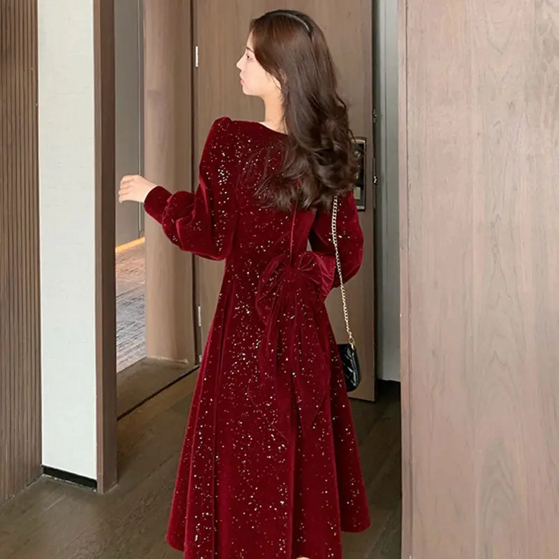 Flower Elegant Evening Party Midi Dresses Ladies Red French Retro Women Dresses New Year 2022 Velvet Korean Style Dress Winter