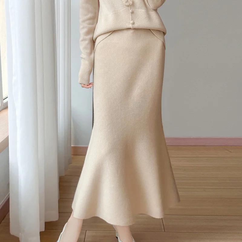Meerjungfrau-Saum, exquisiter modischer Midirock, 100 % Merinowolle, trendiger klassischer Pullover, Midirock für Damen, Herbst und Winter, weicher Rock