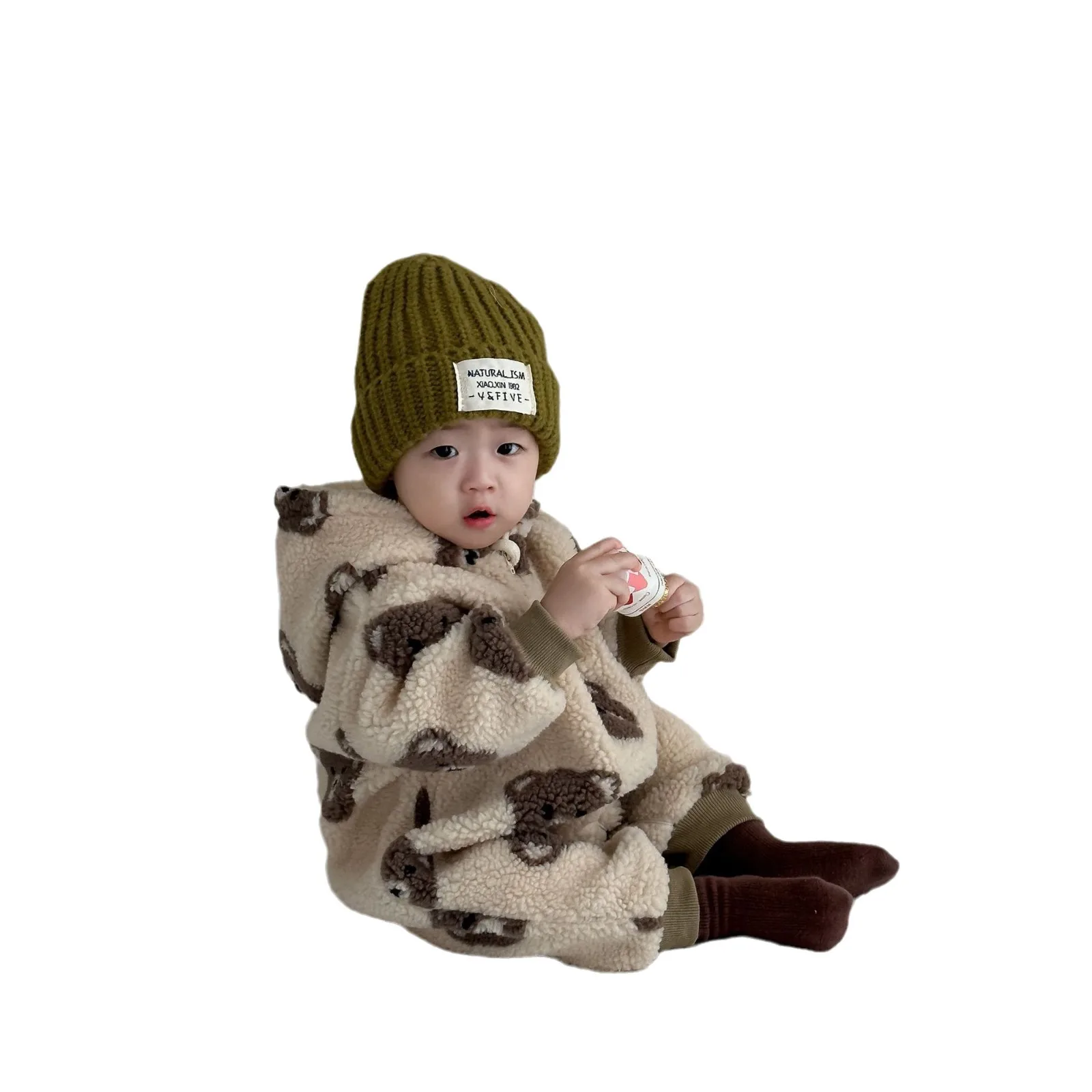 2024 Winter New Baby Cartoon Bear Plush Romper Plus Velvet Thick Infant Boy Girl Hooded Jumpsuit Newborn Toddler Clothes 0-24M