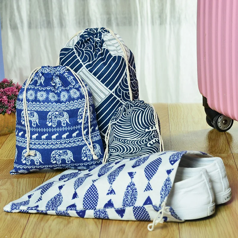 Cute Printed Cotton and Linen Drawstring Pocket Small Cloth Bag Blue and White Porcelain Buggy Bag Travel Gift Storage Bag