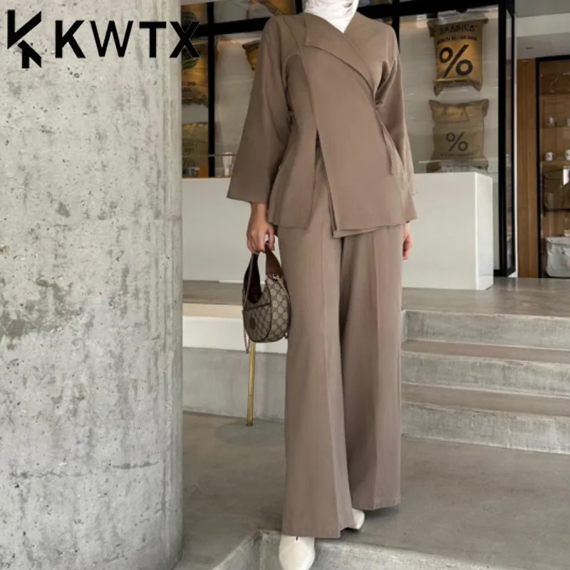 

KWTX 2025 Summer Linen Blazer Pants Set Women's Two Piece Outfit Slit Detail Wide Leg Suit Spring Office Chic Resort Wear Trendy
