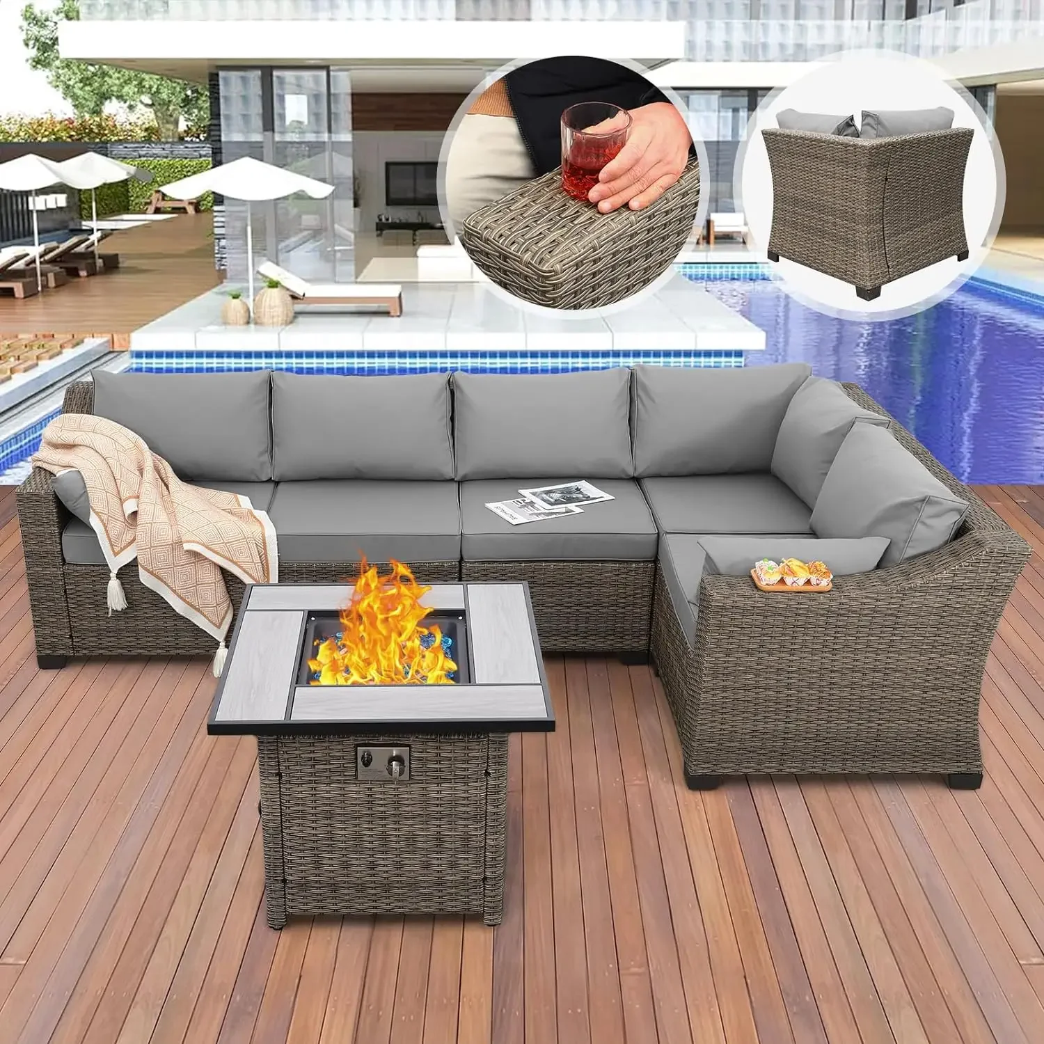 Outdoor Sectional Large-Size Patio Set with Fire Pit Table 6pc, 30