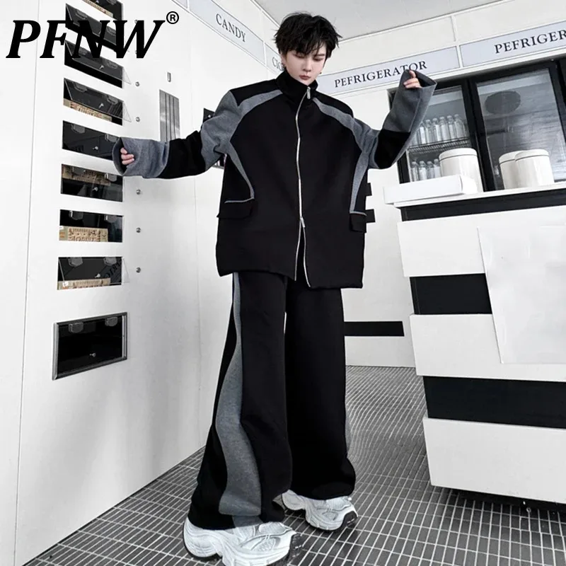 PFNW 2024 Autumn Men's Suit Stand Collar Contrast Color Spliced Design Cardigan Sweatshirt Casual Wide Leg Pants Street 28W4795