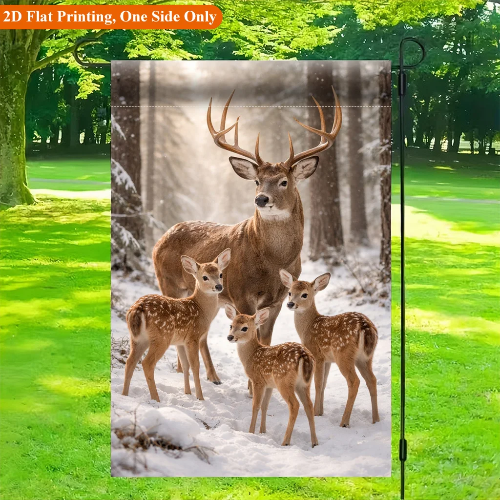 2D Garden Flag 1 Piece, Deer Herd and Snow Forest Garden Flag - Single Side Printed Outdoor Garden Home Decor, Holiday Decor, Durable Polyester, 11.8x17.7 Inches, Excluding Flagpole