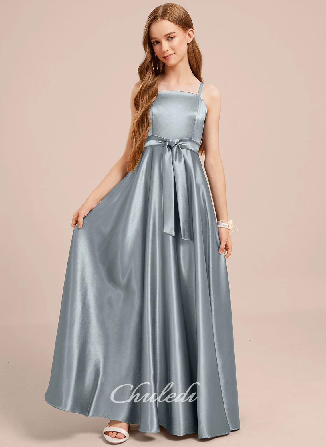 A-line Square Floor-Length Stretch Satin Junior Bridesmaid Dress