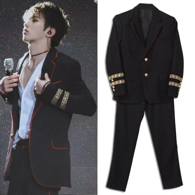 Men\'s Suit Slim Fit Band Combo Set Celebrity Same Style Gold Bar Hair Stylist Red Edge Blazers Black Singer Coats Stage Clothing