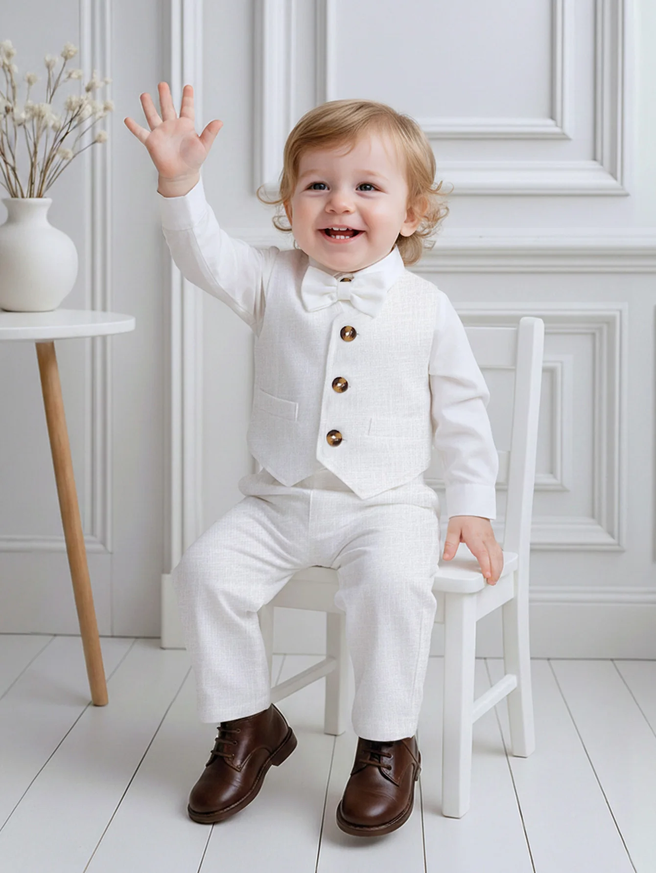 Conjunto de Ropa para Bautizo de Bebé Niño - Traje Formal de Caballero con Mono de Manga Larga con Cuello, Chaleco, Pantalones y Mini Corbata de Moño