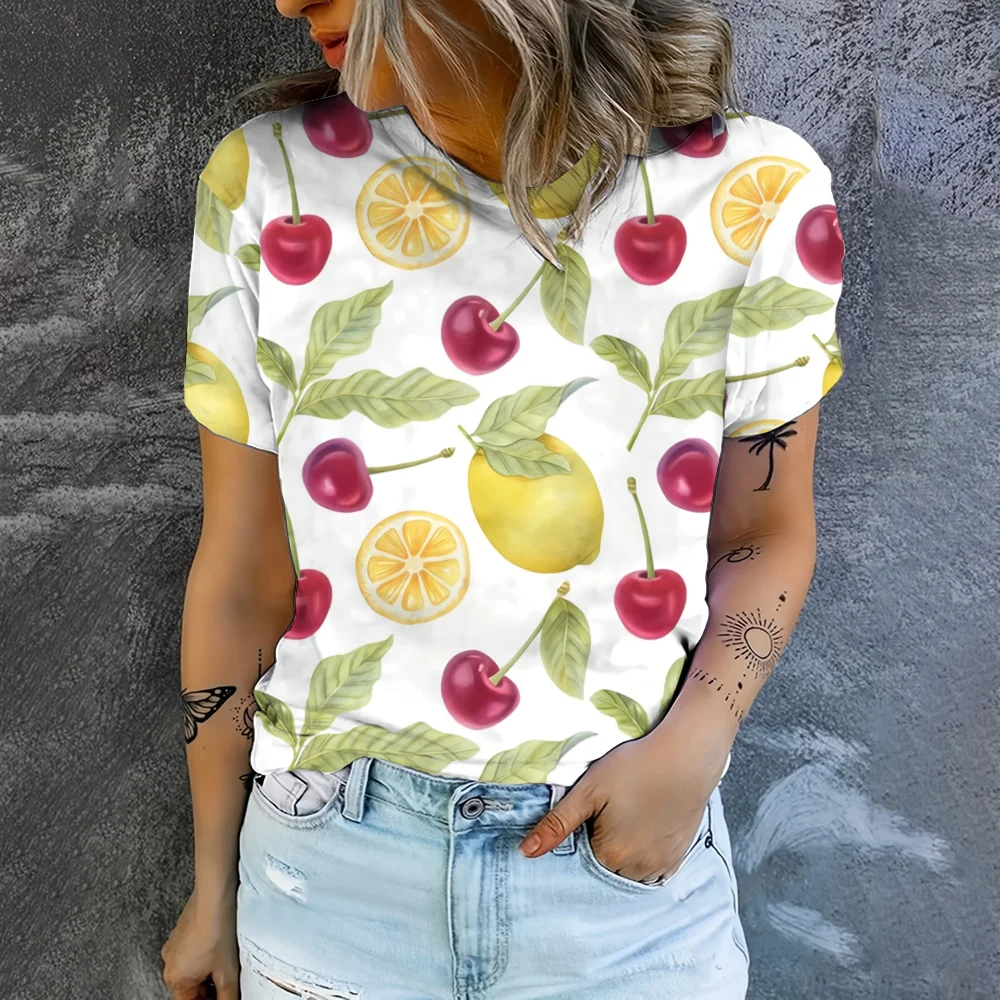 Refreshing Fruit Lemon Pattern Printing Daily Fallow Style Women\'s Sumer Clothes Oversized T-shirt Short Sleeve Comfortable Tops