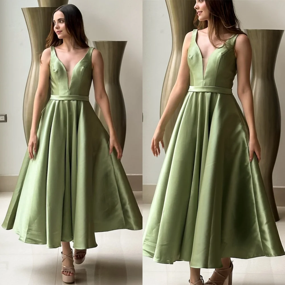 Customized Temperament Green Satin Evening Dress High Quality V-Neck Sleeveless Homecoming Dress Luxury Vestido De Festa
