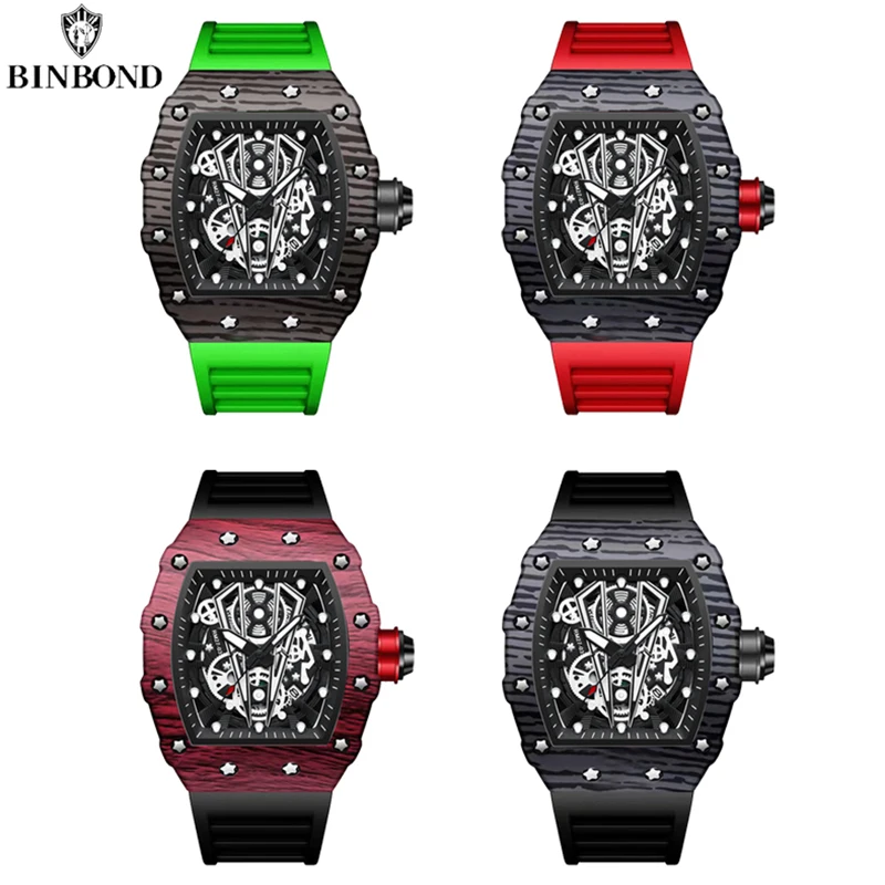 BINBOND ساعة رجالية جديدة ساخنة الاستبداد برميل منحني مرآة سطح مجوف الرياضة مقاوم للماء ساعة سيليكون كوارتز رجل ساعة اليد