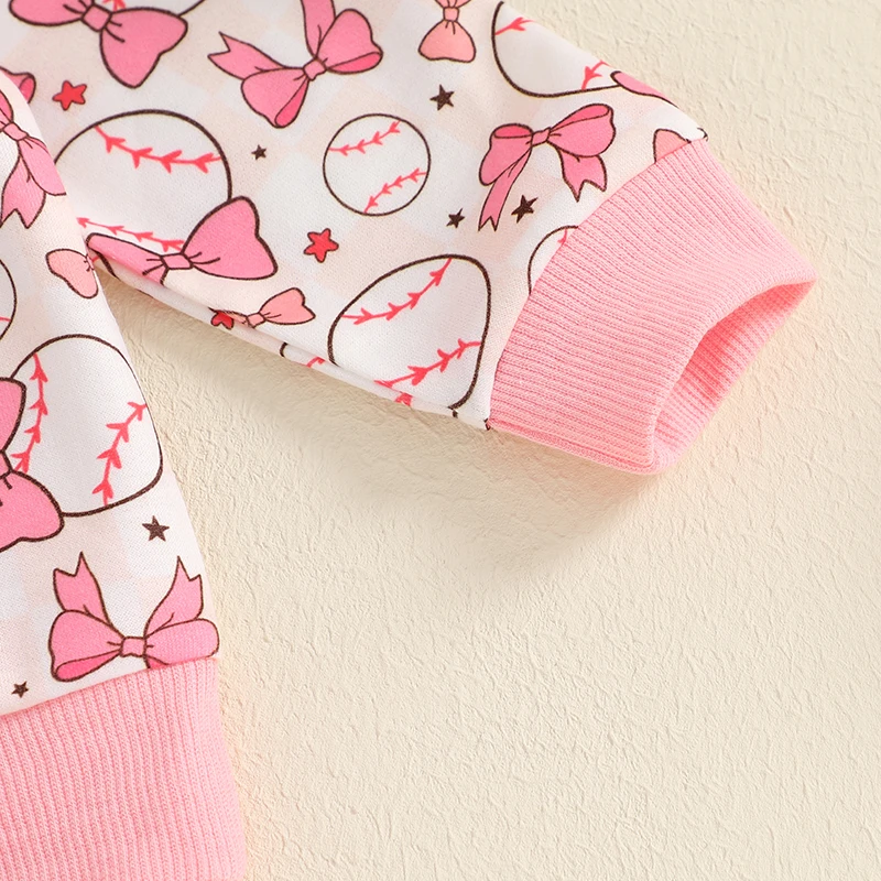 Roupa de 2 peças para bebês meninas, moletom com estampa de laço, manga comprida, gola redonda e calça de moletom com cintura elástica, roupas de outono