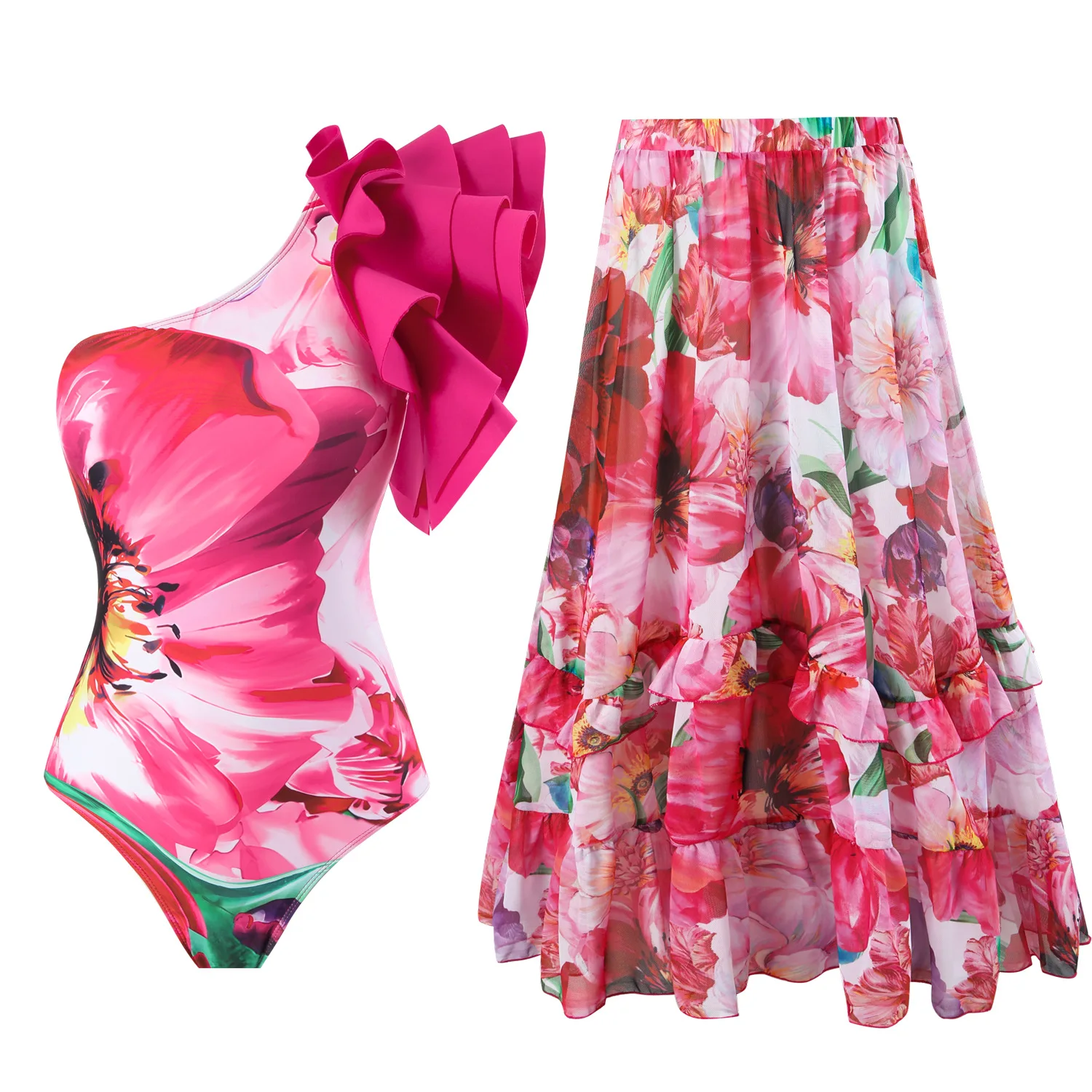 

Women's Clothing One Piece Floral Swimsuit Hot Pink Bikini Set Beach Skirt Polyester bodysuit Swimwear Style Wear Maxi Dress