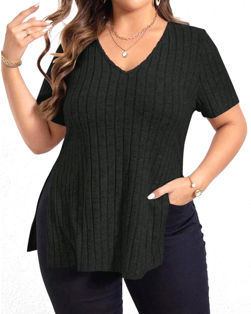 

Women's solid color casual V-neck split ribbed short-sleeve T-shirt