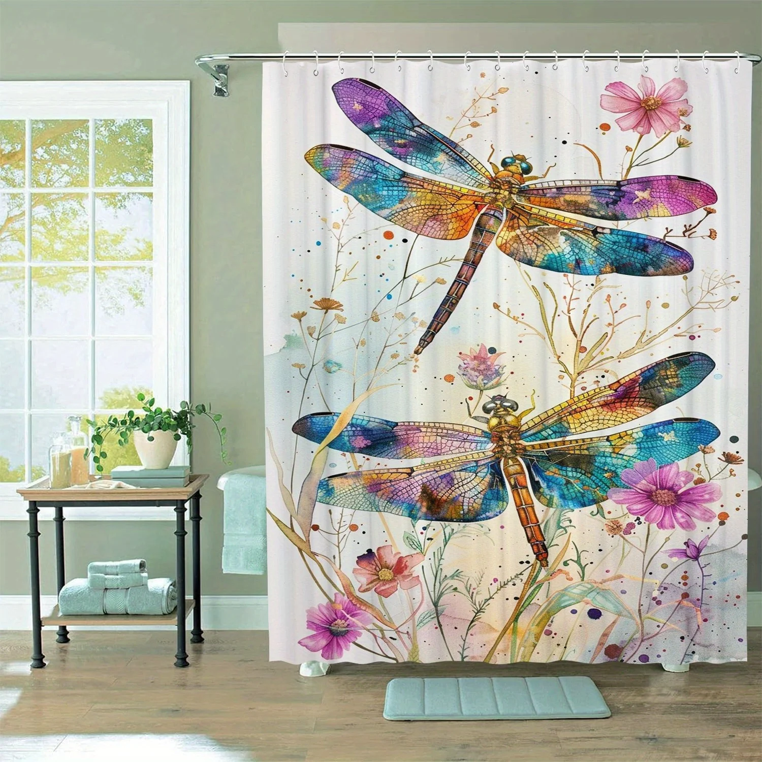 Dragonfly Pattern Shower Curtain,, with 12 Hooks, Suitable for Rooms, Homes, Hotels, Machine Washable, Bathroom Curtain, 1pc