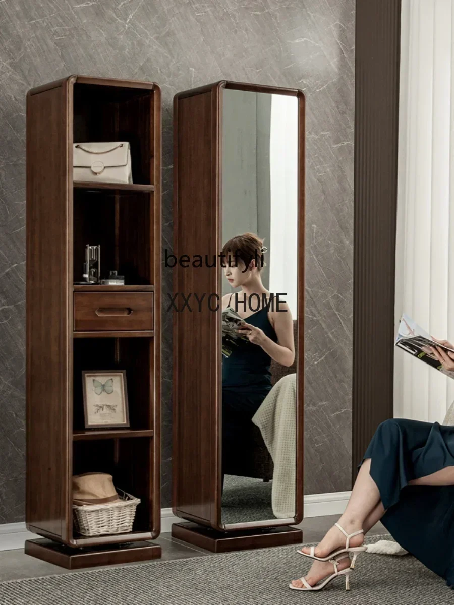 Black Walnut Wooden Dressing Mirror Rotary Multifunctional Storage Fitting Nordic Full Body Floor Mirror