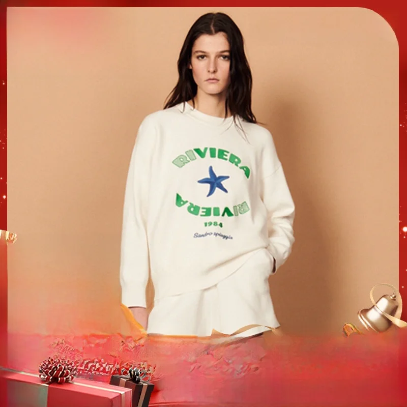 

Модный вязаный свитшот с контрастной цветной вышивкой буквами MaSandeS, весенне-летняя женская одежда, с круглым вырезом, длинными рукавами