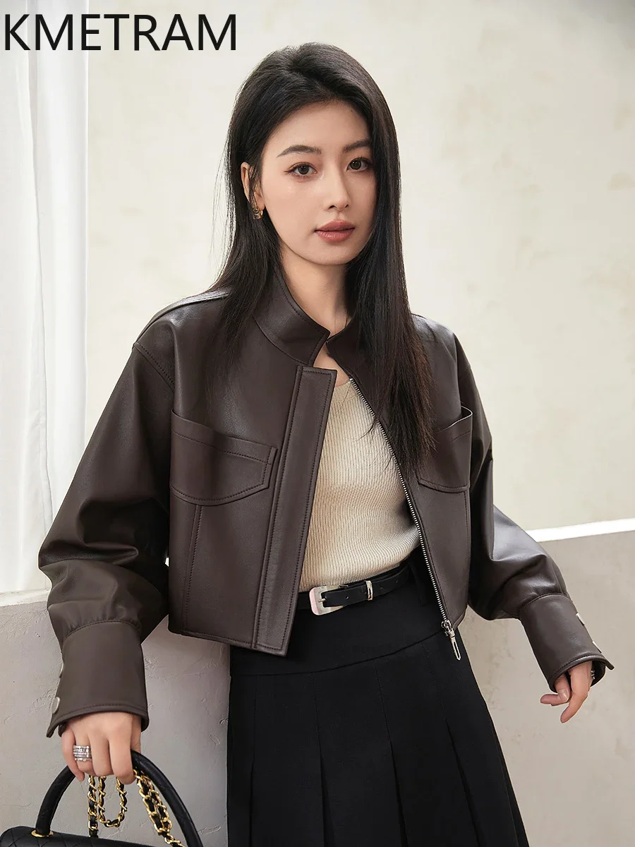 100% 양피 가죽 자켓 여성 봄 가을 짧은 갈색 재킷 2024 Outerwears 여성 의류 дубленка женская
