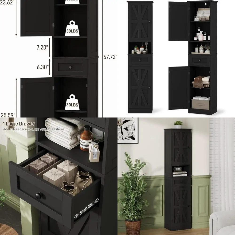 67 Высокоокремочный шкаф для ванной комнаты с 2 дверцами, 1 ящиком, 5 полками, открытым хранилищем, черный