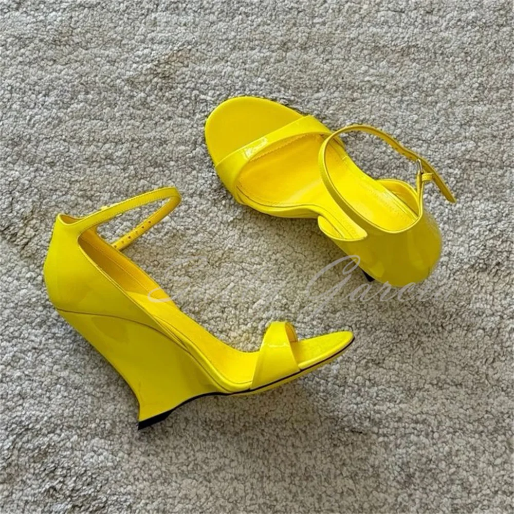 New Yellow High Heel Slope Heel Sandals Women Patent Leather Wedge Heel Buckle Strap Hollow Solid Color Party Dress Pumps