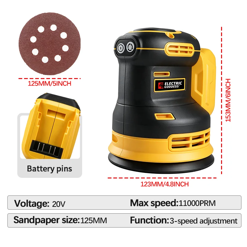 Electric Goddess Brushless Sander Disc 11000rpm Cordless 3 Gear Woodworking Sanding Putty Polishing ﻿For Dewalt 20V Battery Pin