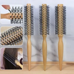 Mini Round Nylon Hairbrush Curly Hair Styling Comb Rolling Comb Round Brush for Thin or Short Hair Men with Wooden Handle